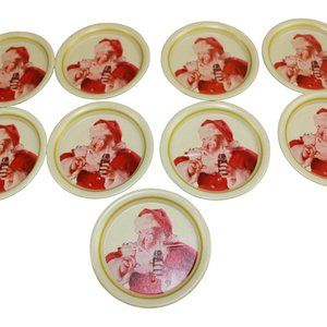 Vintage Santa Claus Coca Cola Christmas Coasters Lot of 9 Metal Tin 1980s